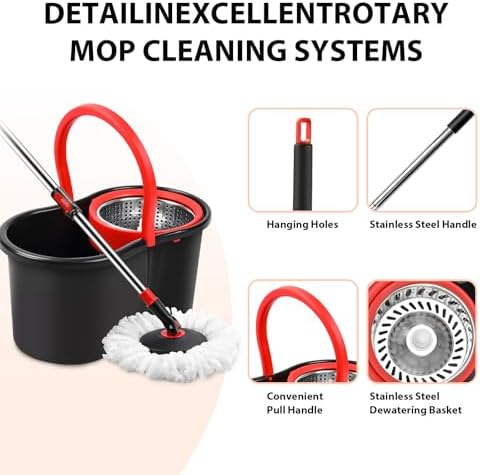 Set de Cubeta y Mopa Giratoria 360° con Escurridor, Incluye Refill de Microfibra y Mango Extensible de 50 para Limpieza de Pisos (Negro) - imagen 4