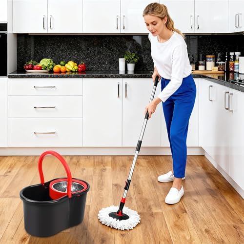 Set de Cubeta y Mopa Giratoria 360° con Escurridor, Incluye Refill de Microfibra y Mango Extensible de 50 para Limpieza de Pisos (Negro) - imagen 6