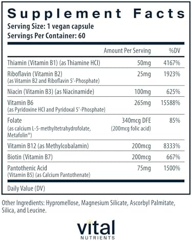 Vitaminas B6 y B Complejo de Vital Nutrients - Vitaminas B Metiladas Veganas para Energía, Metabolismo y Salud Cardiaca - 60 Cápsulas Sin Gluten, - imagen 2