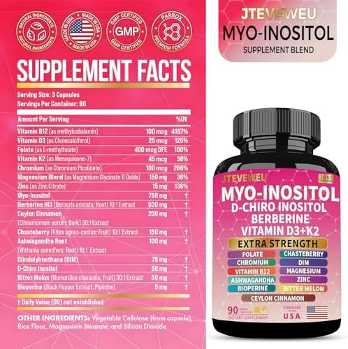 Suplemento de Myo Inositol con D-Chiro Inositol, Folato, DIM, Vitaminas D3, B12, K2, Cromo, Bioperina, Canela de Ceilán, Zinc, Ashwagandha y - imagen 2