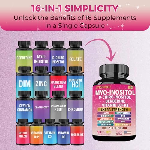 Suplemento de Myo Inositol con D-Chiro Inositol, Folato, DIM, Vitaminas D3, B12, K2, Cromo, Bioperina, Canela de Ceilán, Zinc, Ashwagandha y - imagen 4