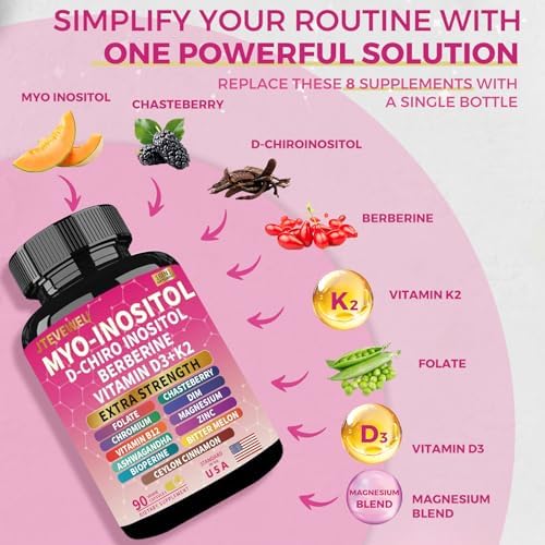 Suplemento de Myo Inositol con D-Chiro Inositol, Folato, DIM, Vitaminas D3, B12, K2, Cromo, Bioperina, Canela de Ceilán, Zinc, Ashwagandha y - imagen 7