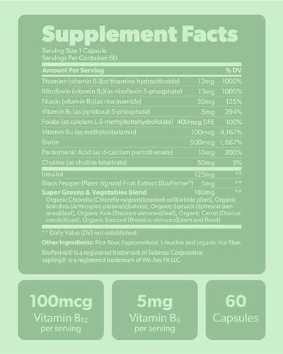 Sapling Complejo de Vitaminas B Vegano - Mezcla de Alimentos Integrales con Vitaminas Esenciales B1, B2, B3, B5, B6, B7, Folato, B12 - 60 Cápsulas - imagen 6