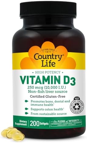 Country Life Vitamina D3 10,000 UI – Alta Potencia de Fuente No Pescado – Apoyo para Huesos e Inmunidad – Certificado Sin Gluten – 200 Gelatinas - imagen 1