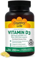 Country Life Vitamina D3 10,000 UI – Alta Potencia de Fuente No Pescado – Apoyo para Huesos e Inmunidad – Certificado Sin Gluten – 200 Gelatinas - imagen 1