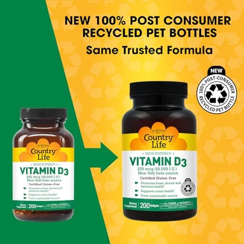 Country Life Vitamina D3 10,000 UI – Alta Potencia de Fuente No Pescado – Apoyo para Huesos e Inmunidad – Certificado Sin Gluten – 200 Gelatinas - imagen 2