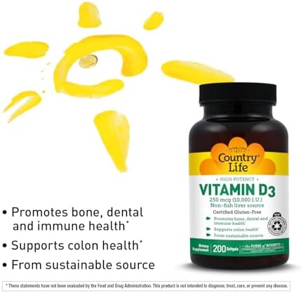 Country Life Vitamina D3 10,000 UI – Alta Potencia de Fuente No Pescado – Apoyo para Huesos e Inmunidad – Certificado Sin Gluten – 200 Gelatinas - imagen 4