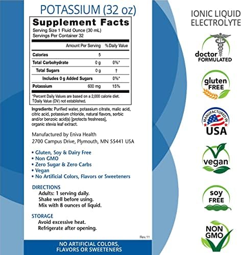 Suplemento Líquido de Potasio Iónico Eniva Health para Reemplazo de Electrolitos y Soporte Metabólico | 600 MG | Sin Gluten, Sin Azúcar y Amigable - imagen 2