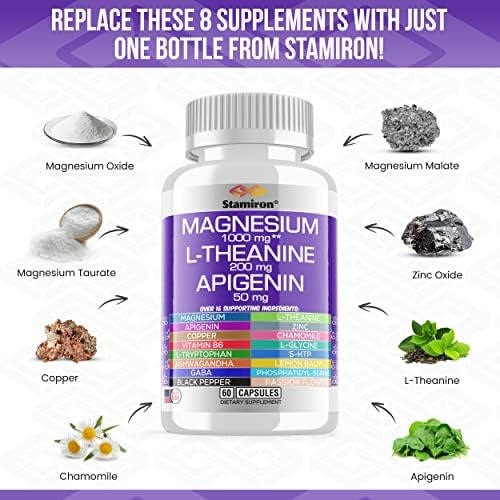 Suplemento de Complejo de Magnesio 1000mg, L Teanina 200mg, Apigenina 50mg con Magnesio, Manzanilla, 5-HTP, Pasiflora, B6 y Ashwagandha - Hecho en - imagen 3