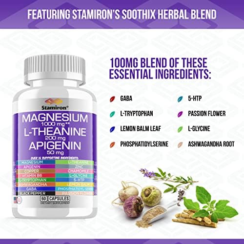 Suplemento de Complejo de Magnesio 1000mg, L Teanina 200mg, Apigenina 50mg con Magnesio, Manzanilla, 5-HTP, Pasiflora, B6 y Ashwagandha - Hecho en - imagen 4