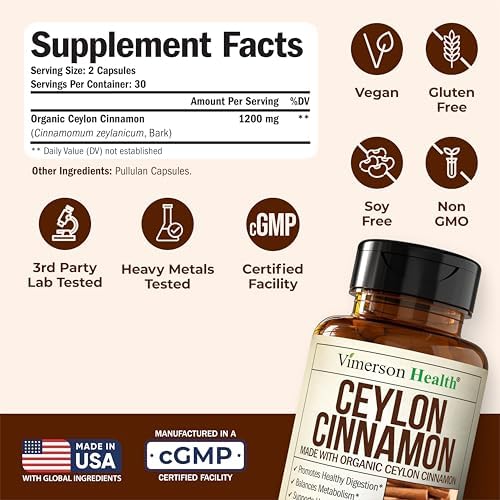 Cápsulas de Canela de Ceylán Orgánica - Suplementos de Canela Verdadera para Balance de Inflamación, Función Cognitiva y Soporte Antioxidante. 60 - imagen 3