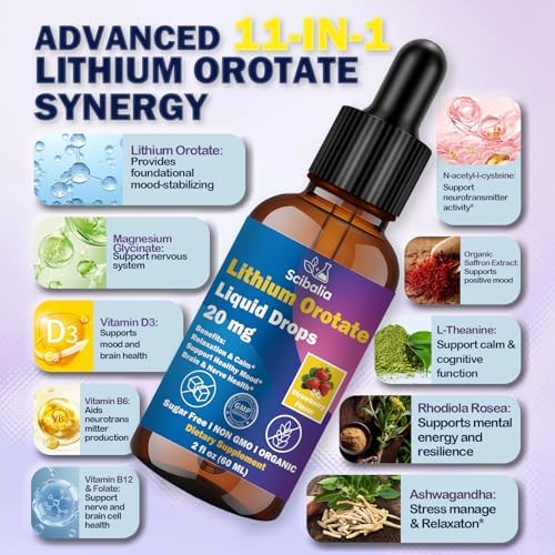Scibalia Gotas Líquidas de Orotato de Litio 20mg, Suplemento Potente 11 en 1 con NAC, Magnesio, Ashwagandha, Teanina, Vitamina D3, B6 y B12 para - imagen 2