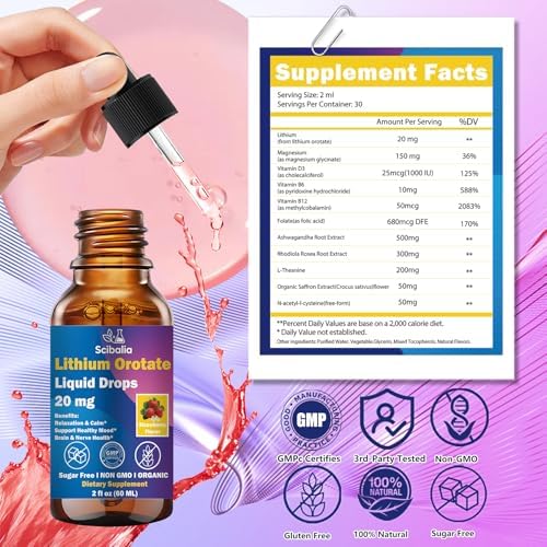 Scibalia Gotas Líquidas de Orotato de Litio 20mg, Suplemento Potente 11 en 1 con NAC, Magnesio, Ashwagandha, Teanina, Vitamina D3, B6 y B12 para - imagen 7