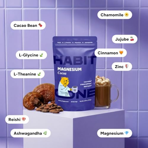 HABIT ONE Magnesio con Cacao, Ashwagandha y Reishi - Mezcla de Adaptógenos - Zinc, L-Teanina, L-Glicina, Manzanilla, Jujube y Canela - Hecho en EE. - imagen 6