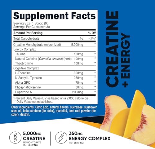 Nutricost Creatina + Energía 30 Porciones (Sabor Durazno Mango) - 5,000mg Creatina Monohidratada + 350mg Complejo Energético por Porción - imagen 2