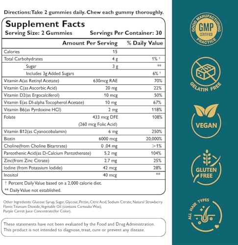 Gomitas de Biotina Ficpoud para Cabello, Piel y Uñas, Vitaminas Veganas para Hombres y Mujeres, Apoya el Crecimiento del Cabello, 30 Días - imagen 6
