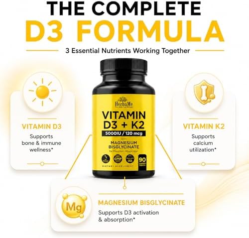 HerbaMe Vitamina D3 5000 IU + K2 con Magnesio Bisglicinato | Fórmula Completa para Activación y Absorción de D3 | Bienestar Óseo, Muscular e - imagen 3