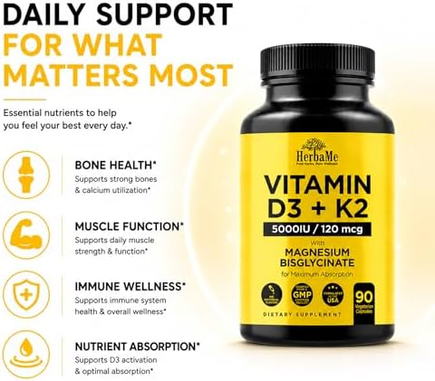 HerbaMe Vitamina D3 5000 IU + K2 con Magnesio Bisglicinato | Fórmula Completa para Activación y Absorción de D3 | Bienestar Óseo, Muscular e - imagen 4