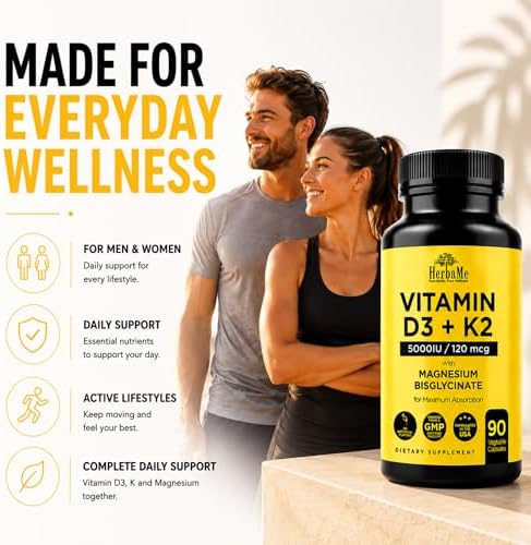 HerbaMe Vitamina D3 5000 IU + K2 con Magnesio Bisglicinato | Fórmula Completa para Activación y Absorción de D3 | Bienestar Óseo, Muscular e - imagen 6
