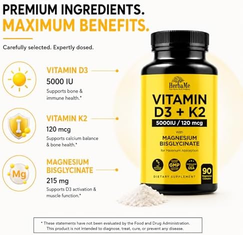 HerbaMe Vitamina D3 5000 IU + K2 con Magnesio Bisglicinato | Fórmula Completa para Activación y Absorción de D3 | Bienestar Óseo, Muscular e - imagen 7