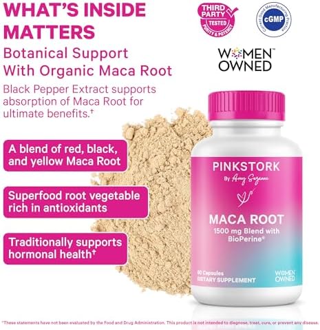 Cápsulas de Raíz de Maca Pink Stork para Mujeres – Maca Orgánica con BioPerine® para Equilibrio Hormonal, Energía y Bienestar – Apoya la - imagen 2