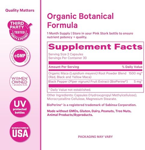 Cápsulas de Raíz de Maca Pink Stork para Mujeres – Maca Orgánica con BioPerine® para Equilibrio Hormonal, Energía y Bienestar – Apoya la - imagen 6