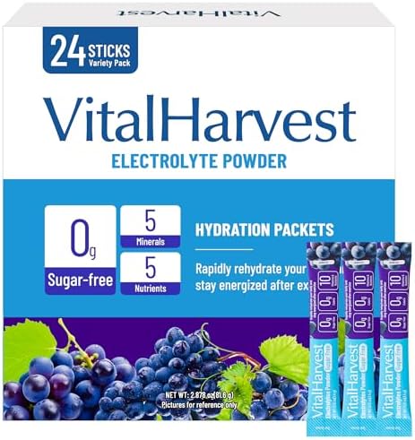 VitalHarvest 24 Paquetes de Polvo de Electrolitos Sin Azúcar, 7 Sabores, Hidratación Líquida, Mezcla para Bebida Diaria, Bajo en Sodio, Uva - imagen 1