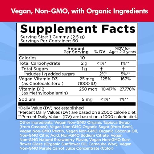 Gomitas de Vitamina D3 y B12 de Dr. Danielle, Suplemento Vegano Diario para Adultos y Niños, No GMO, 1000 IU de Vitamina D3 y 250 mcg de B12, 60 - imagen 4