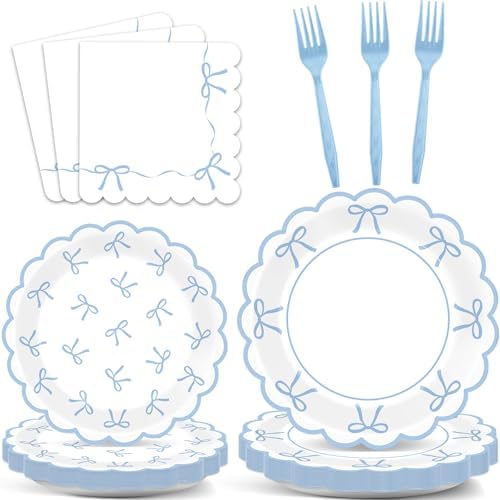 Decoraciones para Baby Shower 96PCS en Azul, Platos de Papel con Borde Ondulado, Servilletas y Utensilios de Fiesta con Tema de Lazo - imagen 1