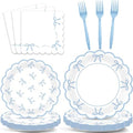 Decoraciones para Baby Shower 96PCS en Azul, Platos de Papel con Borde Ondulado, Servilletas y Utensilios de Fiesta con Tema de Lazo - imagen 1
