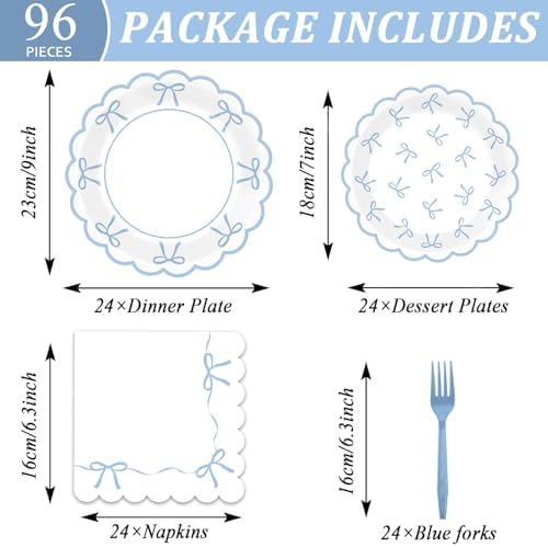 Decoraciones para Baby Shower 96PCS en Azul, Platos de Papel con Borde Ondulado, Servilletas y Utensilios de Fiesta con Tema de Lazo - imagen 2