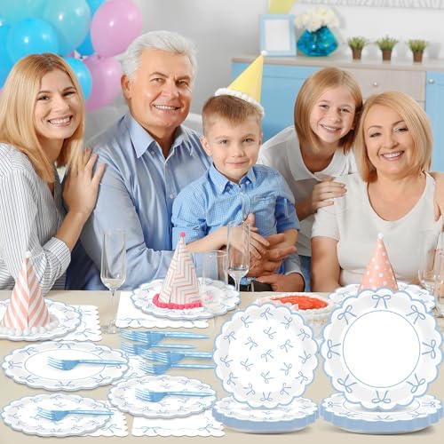 Decoraciones para Baby Shower 96PCS en Azul, Platos de Papel con Borde Ondulado, Servilletas y Utensilios de Fiesta con Tema de Lazo - imagen 5