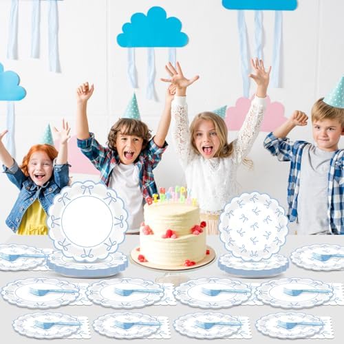 Decoraciones para Baby Shower 96PCS en Azul, Platos de Papel con Borde Ondulado, Servilletas y Utensilios de Fiesta con Tema de Lazo - imagen 6