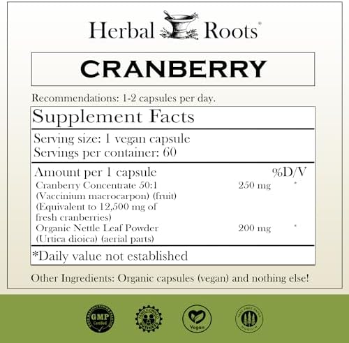 Píldoras de Arándano Extra Fuerte Herbal Roots para Hombres y Mujeres con Ortiga Orgánica | Salud del Tracto Urinario | 60 Cápsulas Veganas - imagen 2