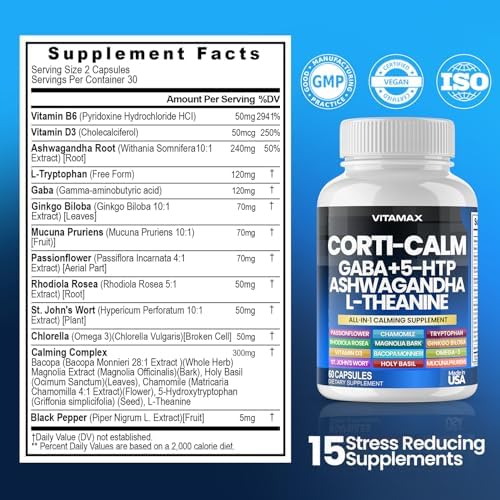 Suplemento Corti-Calm para el Cortisol, L Teanina, Ashwagandha, Vitamina D3, GABA para Relajación, Fatiga y Enfoque con Ginkgo Biloba y Bacopa - imagen 5