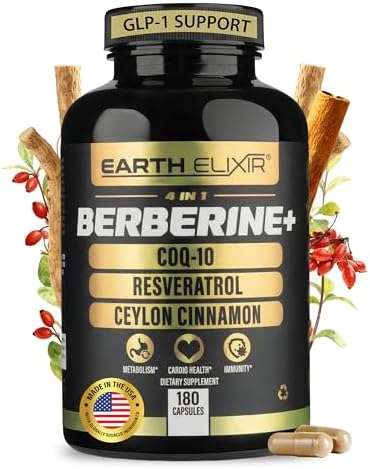 Suplemento Berberina Earth Elixir 4 en 1 1160mg – Berberina Orgánica, Canela de Ceilán, CoQ10 Ubiquinol y Resveratrol – Apoyo GLP-1 y Metabólico – - imagen 1