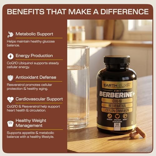 Suplemento Berberina Earth Elixir 4 en 1 1160mg – Berberina Orgánica, Canela de Ceilán, CoQ10 Ubiquinol y Resveratrol – Apoyo GLP-1 y Metabólico – - imagen 3