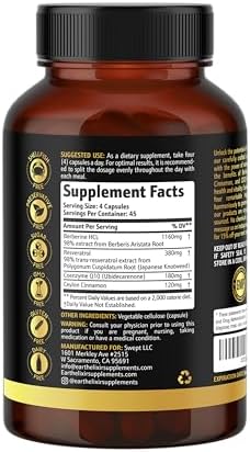 Suplemento Berberina Earth Elixir 4 en 1 1160mg – Berberina Orgánica, Canela de Ceilán, CoQ10 Ubiquinol y Resveratrol – Apoyo GLP-1 y Metabólico – - imagen 7