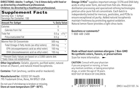 Klaire Labs SFI Health Omega-3 Mini - Aceite de Pescado Ultra Puro, Geles Fáciles de Tragar para Niños y Adultos, 150 mg EPA / 100 mg DHA, Sabor - imagen 5
