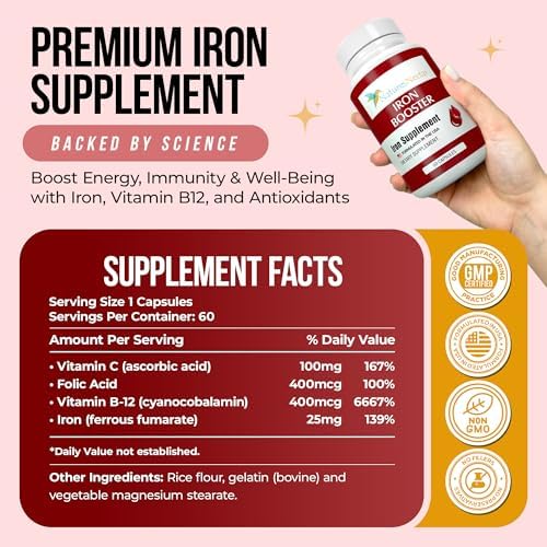 Suplemento de Hierro Nature's Nectar Blood Builder para Hombres y Mujeres – Cápsulas de Hierro de Liberación Lenta, No Constipantes con Vitamina - imagen 2