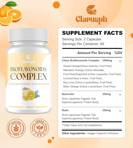 Clarusph Bioflavonoides Cítricos para Circulación y Antioxidante | Suplementos de Flavonoides 1000mg con Quercetina y Rutin | Vegano, 120 Cápsulas - imagen 6