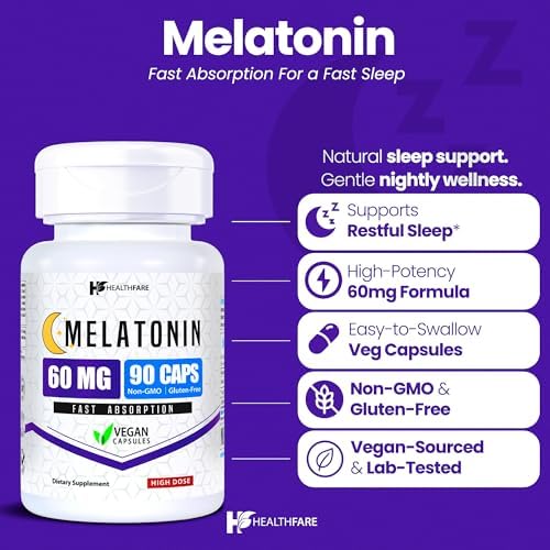 HealthFare Melatonina 60mg | Paquete de 2 | 90 Cápsulas Veganas Cada Una | Fórmula de Alta Potencia | Vegetariano, No Transgénico, Sin Gluten | Hecho - imagen 2