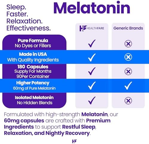 HealthFare Melatonina 60mg | Paquete de 2 | 90 Cápsulas Veganas Cada Una | Fórmula de Alta Potencia | Vegetariano, No Transgénico, Sin Gluten | Hecho - imagen 5
