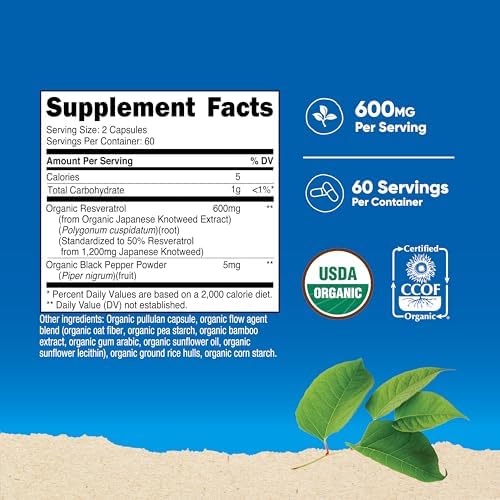 Nutricost Resveratrol Orgánico (600mg) 120 Cápsulas - Certificado USDA, CCOF, Vegano, Sin OGM, Sin Gluten, 60 Porciones - imagen 2