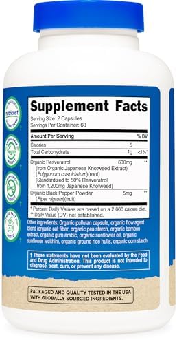 Nutricost Resveratrol Orgánico (600mg) 120 Cápsulas - Certificado USDA, CCOF, Vegano, Sin OGM, Sin Gluten, 60 Porciones - imagen 5