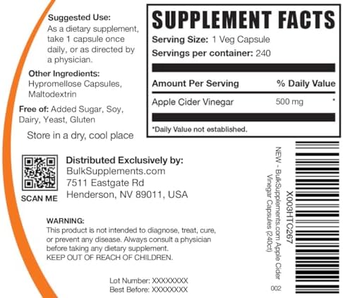Cápsulas de Vinagre de Manzana BulkSupplements.com - Suplemento de 500mg, Libre de Gluten, 240 Cápsulas por Envase - imagen 2
