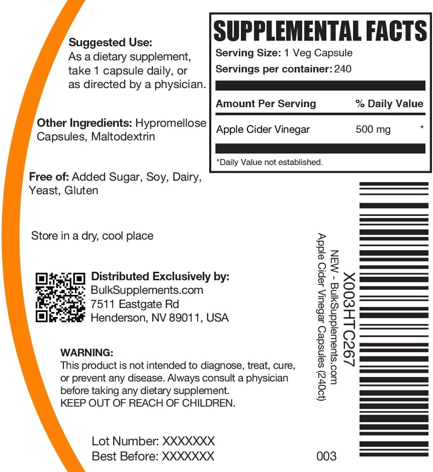 Cápsulas de Vinagre de Manzana BulkSupplements.com - Suplemento de 500mg, Libre de Gluten, 240 Cápsulas por Envase - imagen 4