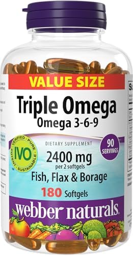 Webber Naturals Triple Omega 3 6 9, 2400 mg de Aceite de Pescado por Porción, Alta Potencia, 180 Softgels, Sin Sabor a Pescado, Ultra-Purificado, - imagen 1