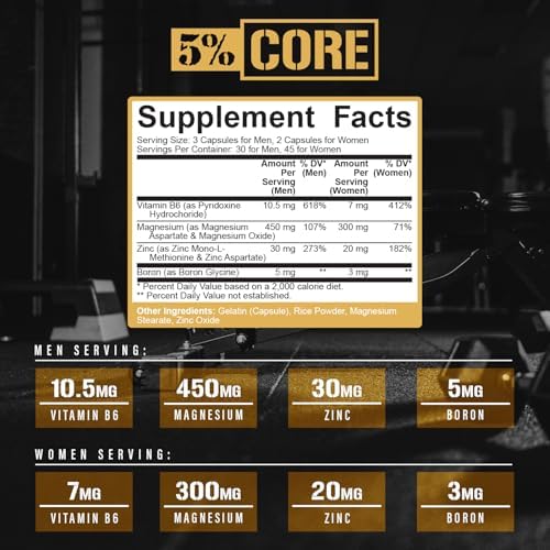 5% Nutrition Core ZMA (con Boro) | Promueve la Recuperación Restaurando Niveles de Zinc, Magnesio y Vitamina B-6 (90 Cápsulas) - imagen 3