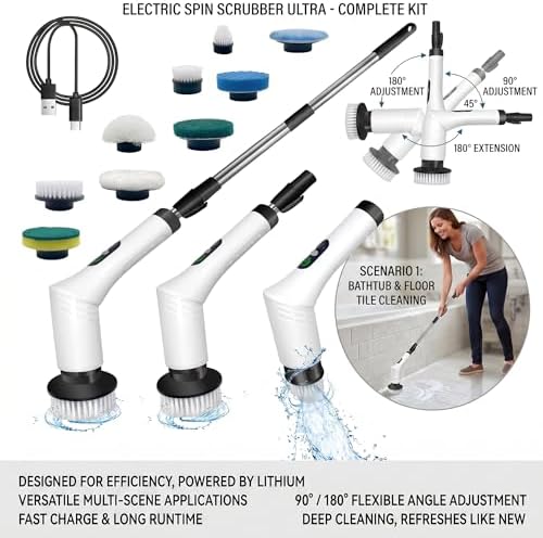 Cepillo Eléctrico Limpiador 9 en 1 con Mango Desmontable, 9 Cabezas Intercambiables y Pantalla LCD, Recargable para Dormitorio, Baño, Cocina y Auto - imagen 2